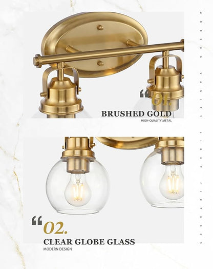 Gold Bathroom Light Fixtures, 2-Light 14" Vanity Lights with Clear Globe Glass Shades, Farmhouse Vintage Vanity Lighting Fixtures Over Mirror, E26 Base, AD-2147-2W-BG