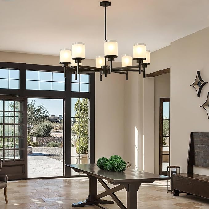 8-Light Farmhouse Chandelier for Dining Room Kitchen Island,Black Modern Pendant Lighting with White Frosted Glass Shades,Industrial Metal Hanging Ceiling Light Fixture for Bedroom Hallway