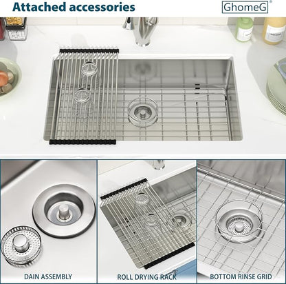 30 Undermount Kitchen Sink 30"x18"x8" Single Bowl 16 Gauge Stainless Steel Under Counter Single Bowl Kitchen Sinks Basin with Drain Strainer