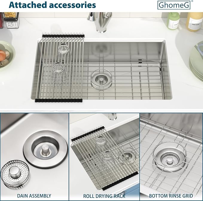 28 Undermount Kitchen Sink 28"x18"x8" Single Bowl 16 Gauge Stainless Steel Under Counter Single Bowl Kitchen Sinks Basin with Drain Strainer