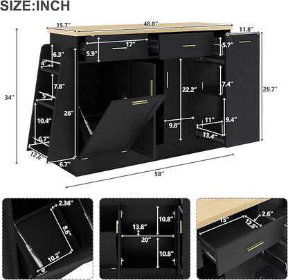 Sideboard Buffet Cabinet with Storage Drawers, Wood Kitchen Island with Trash Can Storage, 3-Tier Pull-Out Rack and Spice Rack, Modern Accent Cabinet for Kitchen, Dining Room, Entryway, Black
