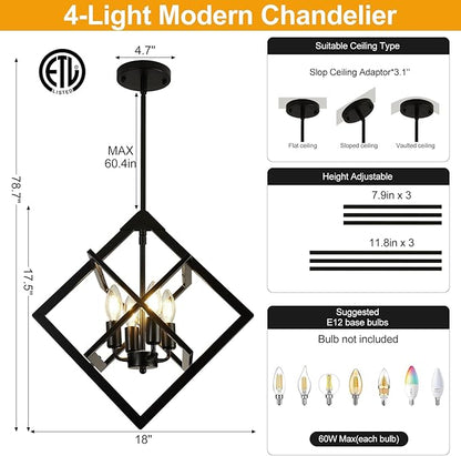18" Modern Pendant Lights Kitchen Island, 4-Light Black Pendant Light Fixtures, Farmhouse Chandelier Kitchen Island Lighting, Industrial Hanging Pendant Lights for Kitchen Island Dining Room Entryway