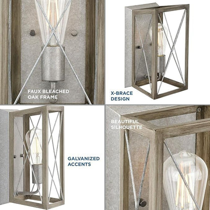 Progress Lighting 1-Light Farmhouse Wall Sconce Light Bleached Oak Wood, Briarwood Collection, Indoor, P710012-141, Galvanized Finish