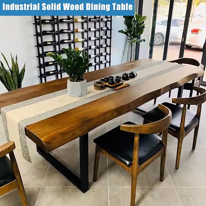 Industrial Solid Wood Dining Table,Rectangle Live Edge Kitchen Table,Rustic Pine Table Top & Metal Base,Large Long Dining Room Table for 2,4,6,8(55.1" L x 23.6" W x 29.5" H, Brown)