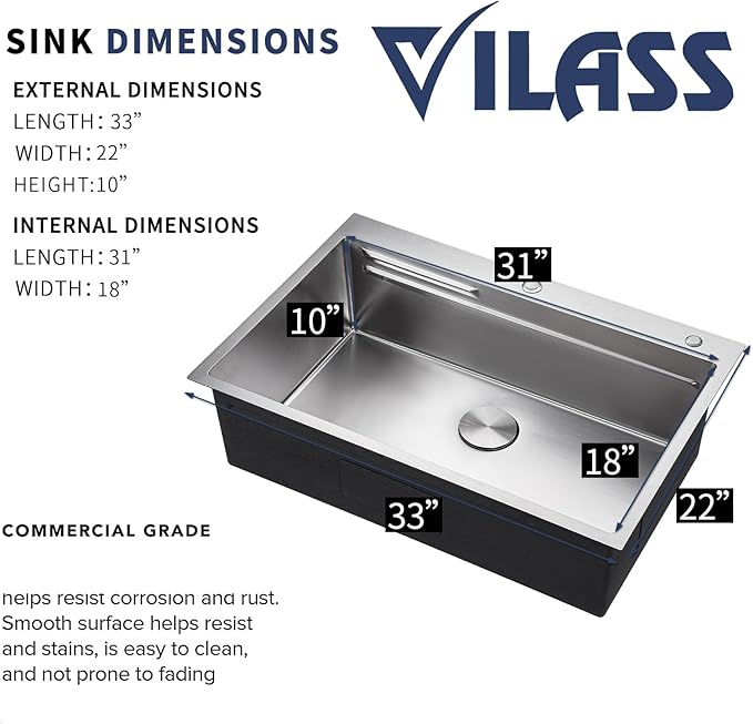 33x22 Drop In Kitchen Sink with Faucet Combo Modern Large Stainless Steel Kitchen Sinks 33 Inch Top Mount Single Bowl Workstation Sink
