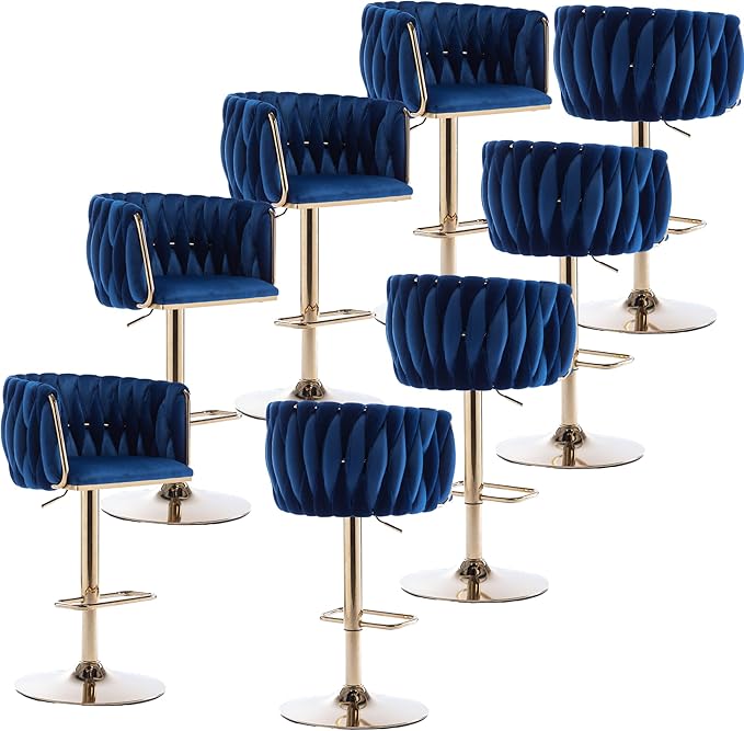Rhomtree 24-32 Inch Swivel Bar Stools, Adjustable Counter Height Barstools with Nailheads Trim, Velvet Woven Tufted Back and Golden Footrest, Upholstered Bar Chairs Bar Kitchen Island(Navy Set of 8)
