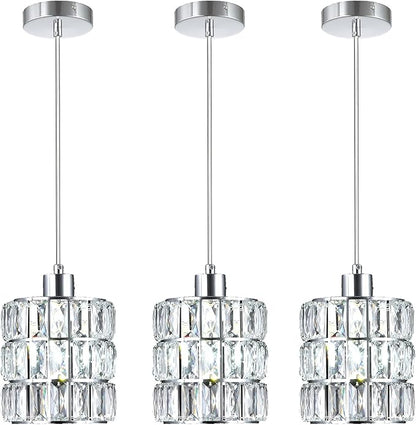 3 Pack Chrome Crystal Pendant Light, Mini Pendant Lights for Kitchen Island with Crystal Plate Metal Shade, Modern Concise Pendant Silver Fixture for Foyer Hallway, Dining Room