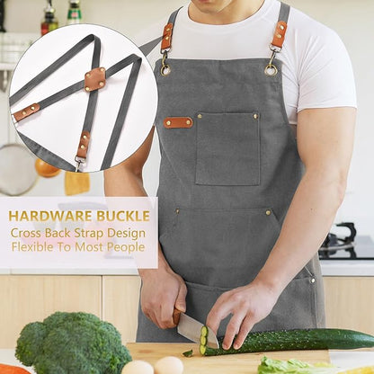 Aoomzoon Canvas Aprons for Men Chef Apron, Work Apron with Large Pockets - 16oz Heavy Duty Cross Back, BBQ, Cooking