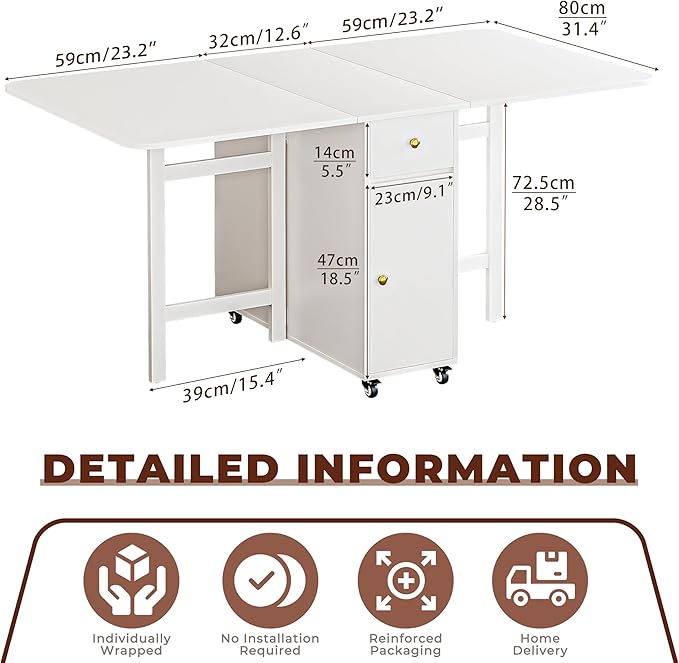 No Assembly Required Foldable Dining Table, Space Saving Extendable Kitchen Island with Drop Leaves for 2-6 People, Collapsible Craft Table with Movable Swivel Wheels for Small Spaces, White
