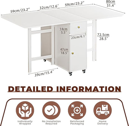 No Assembly Required Foldable Dining Table, Space Saving Extendable Kitchen Island with Drop Leaves for 2-6 People, Collapsible Craft Table with Movable Swivel Wheels for Small Spaces, White