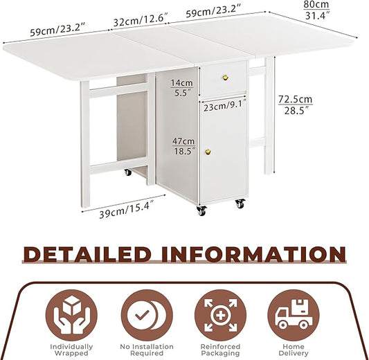 No Assembly Required Foldable Dining Table, Space Saving Extendable Kitchen Island with Drop Leaves for 2-6 People, Collapsible Craft Table with Movable Swivel Wheels for Small Spaces, White