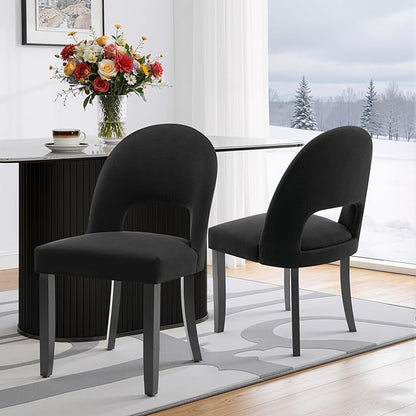 Wooden Dining Chairs Set of 2, Modern Farmhouse Upholstered Kitchen Side Chairs, Dining Room Chairs with Linen Fabric & Open Backrest, Rubberwood Legs, Black
