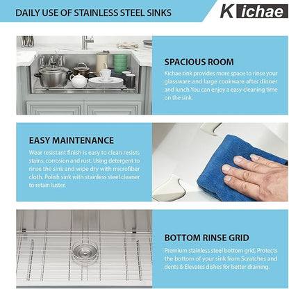 Kichae 30 Inch Farmhouse Kitchen Sink - 30 x 20 Farmer Sink Stainless Steel 16 Gauge Single Bowl Apron Front Farm Style Basin Round Corner