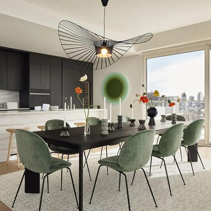 Modern Black Woven Chandelier, 47.2 inch Farmhouse Coastal Hat Pendant Light Fixtures Matte Black Handwoven Shade Boho Pendant Hanging Lamp for Dining Room Kitchen Bedroom Foyer Hallway living room