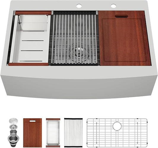 Sarlai 33 Farmhouse Kithchen Sink - 33 x 22 Inch Apron Front Ledge Drop In Workstation16 Gauge Stainless Steel Single Bowl Top-mount Farm Sinks
