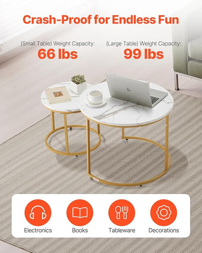 VEVOR Nesting Coffee Table Set of 2, 27.6 in Round Coffee Table, Nesting Tables for Small Place, Vintage End Side Tables Night Stand with Metal Frame, for Living Room, Bedroom, Office (White & Gold)