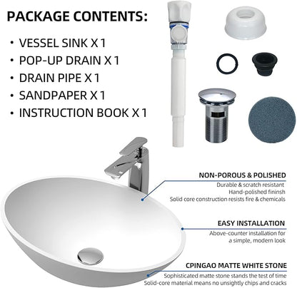 Cpingao 20" X 14" Oval Solid Surface Matte White Vessel Sink and Pop Up Drain Combo Egg Shape Above Counter Bathroom Vanity Bowl Sink, 2223