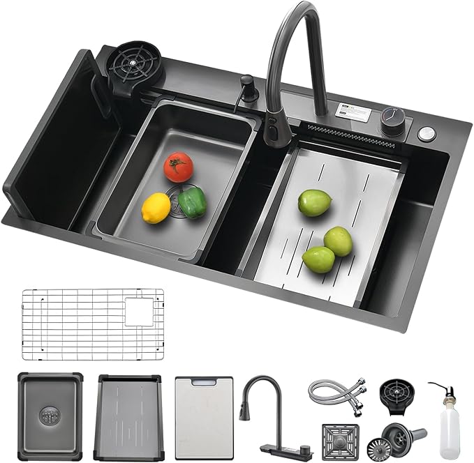 Waterfall Kitchen Sink 32" x 20" Drop-in Single Bowl Sinks, SUS304 Workstation Handmade Undermount Sink With Pull-out Faucet, Cup Washer & Accessories (Black, 32" x 20")