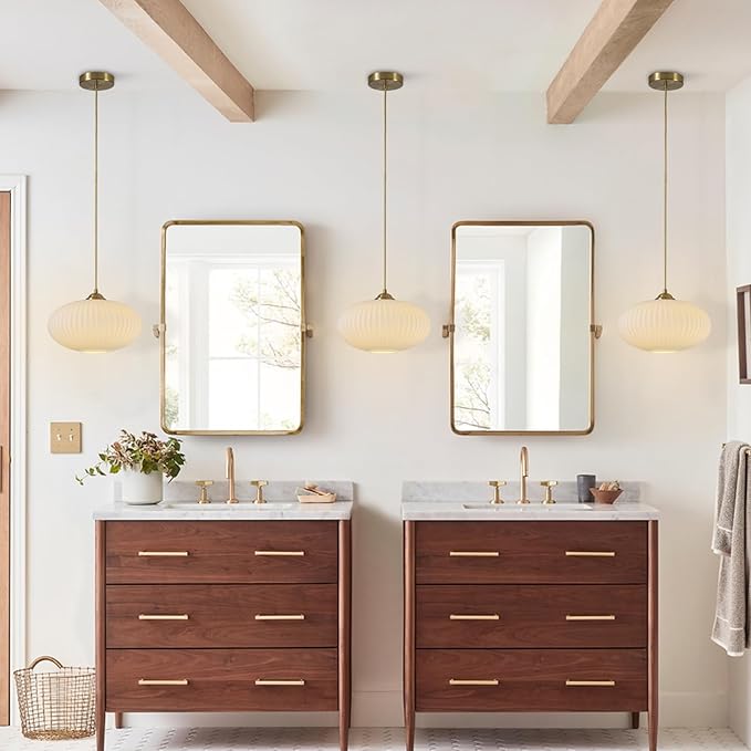 KCO Lighting White Ribbed Glass Ceiling Light Modern Antique Brass Pendant Light Gold Globe Pendant Light Fixture Mid Century Kitchen Island Pendant Lighting (2 Pack)