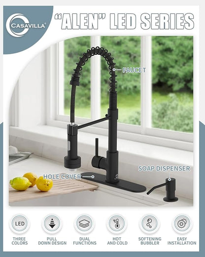 Black Kitchen Faucet with LED light,Kitchen Faucet with Soap Dispenser,Faucet for Kitchen Sink,Single Handle Stainless Steel Kitchen Sink Faucets with Pull Down Sprayer,Camper Farmhouse RV Sink Faucet