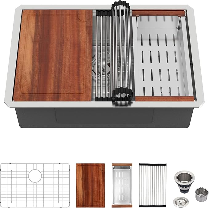 Logmey 27 In Undermount Kitchen Sink - 27x19 Inch Undermount Sink Stainless Steel Ledge Workstation Kitchen Sinks 16 Gauge Single Bowl Sink with Accessories