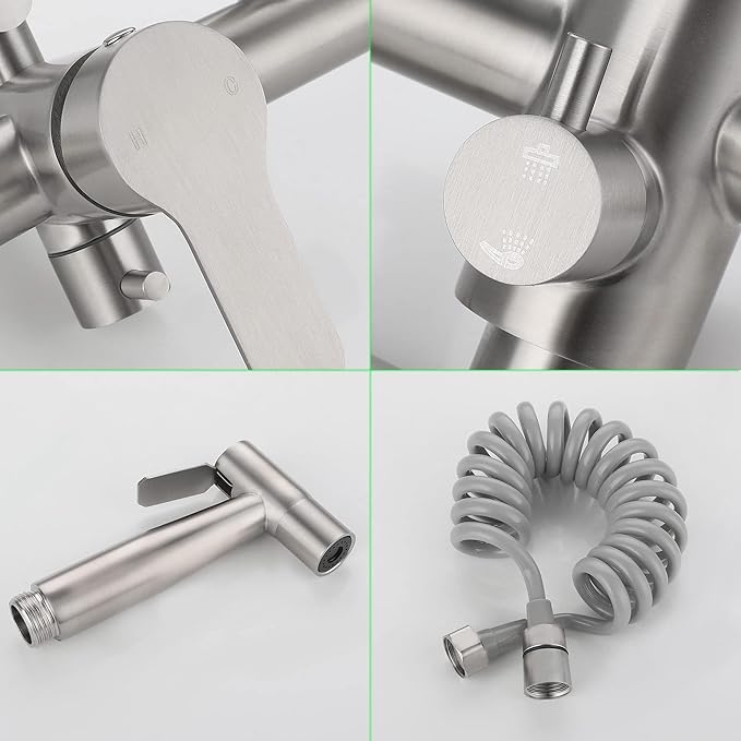 Wall Mount Kitchen Sink Faucet with Side Sprayer, Commercial Faucet, Nickel Brushed Unility Sink Faucet, Mixer Tap, 7.7-8.3 Inches Center, Spout Reach 9.2"