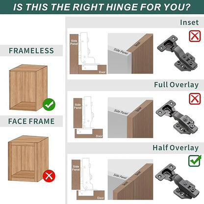 4 Pack Half Overlay Soft Close Cabinet Hinges 105° Frameless 3 Way Adjustable Soft Close Hinges for Cabinet Doors Kitchen Cabinet Door Hinges with Screws