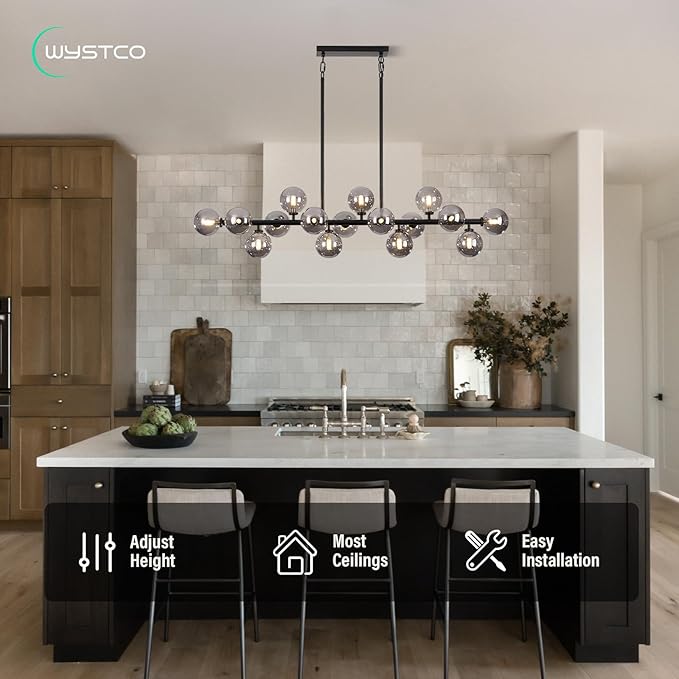 56 Inch Black Linear Chandeliers for Dining Room, Kitchen Island, Living Room, 16-Light Mid Century Modern Light Fixture Over Table, Large Smoke Grey Glass Globe Sputnik Bubble Chandelier
