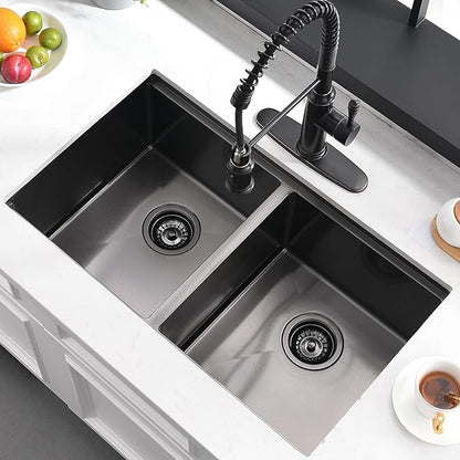 30 Inch Black Undermount Kitchen Sink Double Bowl - 30x18 Undermount Workstation Sink 16 Gauge Black Stainless Steel 10 Inch Deep Double Bowl Kitchen Sinks