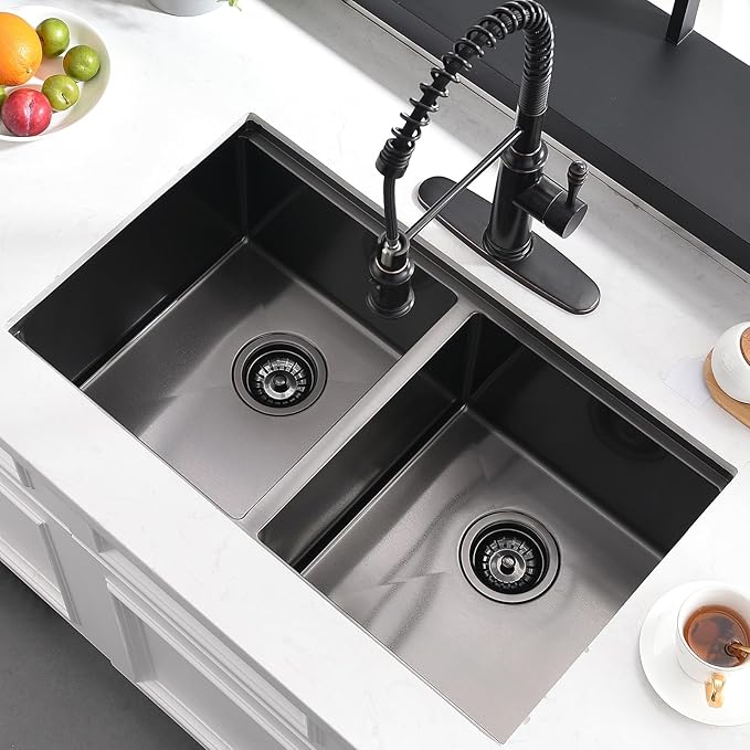 32 Inch Black Undermount Kitchen Sink Double Bowl - 32x19 Undermount Workstation Sink 16 Gauge Black Stainless Steel 10 Inch Deep Double Bowl Kitchen Sinks
