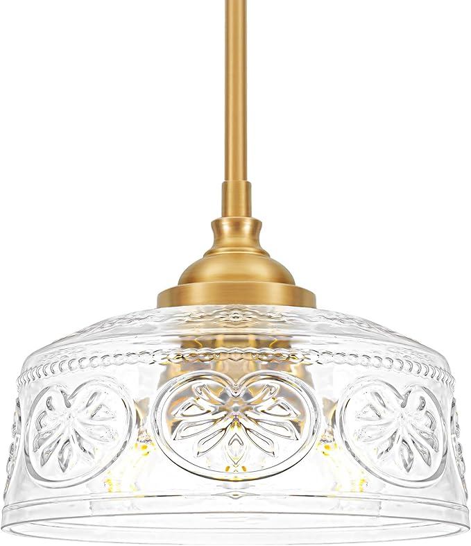 Vintage 3-Light Pendant Light With Embossed Glass Shade, Farmhouse Brushed Gold Pendant Lights Kitchen Island, 2-in-1 Adjustable Hanging & Semi-Flush Mount for Bathroom,Dining Room,Bedroom,Hallway,E12