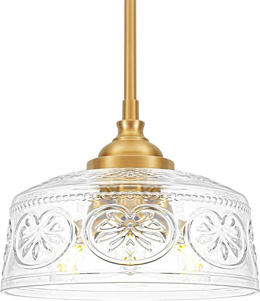 Vintage 3-Light Pendant Light With Embossed Glass Shade, Farmhouse Brushed Gold Pendant Lights Kitchen Island, 2-in-1 Adjustable Hanging & Semi-Flush Mount for Bathroom,Dining Room,Bedroom,Hallway,E12