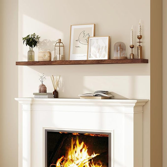 Fun Memories 66 Inch Fireplace Mantel Shelf with Invisible Bracket, 8 Inch Deep Floating Shelf for Living Room, Kitchen, Farmhouse, Brown (2-Pack)