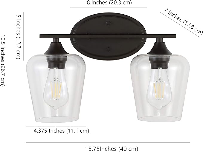 JONATHAN Y 15.75" Oil Rubbed Bronze 2-Light Farmhouse Rustic LED Vanity Light Sconce, Clear Glass Shade, Vintage Indoor Fixture for Bathroom Mirror, LED Bulb Included (JYL7546A)