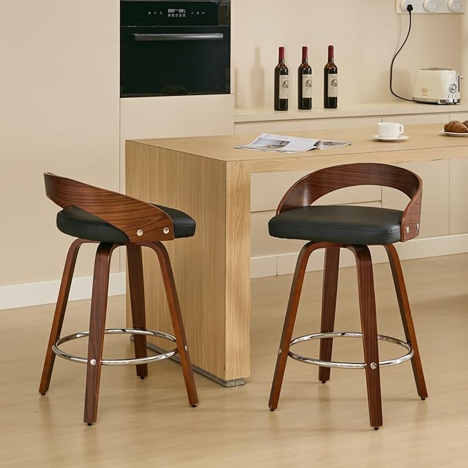 Bar Stools Set of 2, Mid Century Modern Swivel Stools with Low Back, 25" Counter Height Wooden Bar Chairs with Soft Faux Leather Cushion, for Kitchen Island, Bar & Home,Black