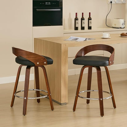 Bar Stools Set of 2, Mid Century Modern Swivel Stools with Low Back, 25" Counter Height Wooden Bar Chairs with Soft Faux Leather Cushion, for Kitchen Island, Bar & Home,Black