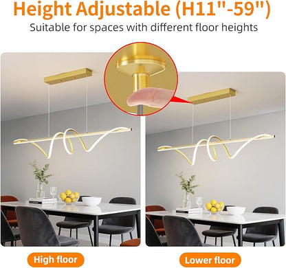 Modern LED Gold Pendant Light, 39IN Ceiling Chandelier Fixtures Dimmable with Remote Control 3000k-6500K Adjustable Color Temperature, Aluminum Island Lighting Lamp for Dining Room, Living Room