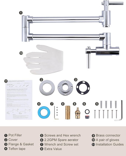 Wall Faucet, Pot Fillers Wall Mount for Kitchen, Solid Copper Chrome Pot Filler Single Hole Folding Faucet with Double Joint Swing Arm Pot Filler Over Stove