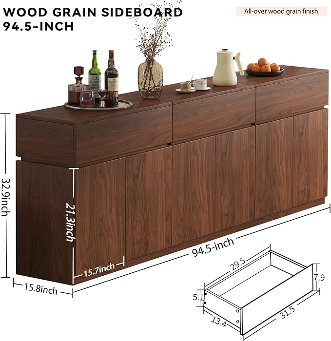94.5" Buffet Cabinet with Drawers & Door, Console Table, Set of 3 Modular Stackable Sideboard Coffee Bar Cabinet with Adjustable Shelves, Matte Walnut Storage Accent Credenza for Living Room