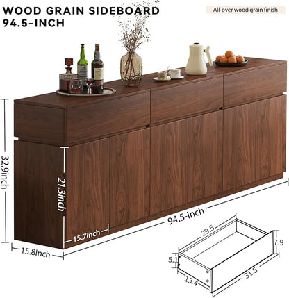 94.5" Buffet Cabinet with Drawers & Door, Console Table, Set of 3 Modular Stackable Sideboard Coffee Bar Cabinet with Adjustable Shelves, Matte Walnut Storage Accent Credenza for Living Room