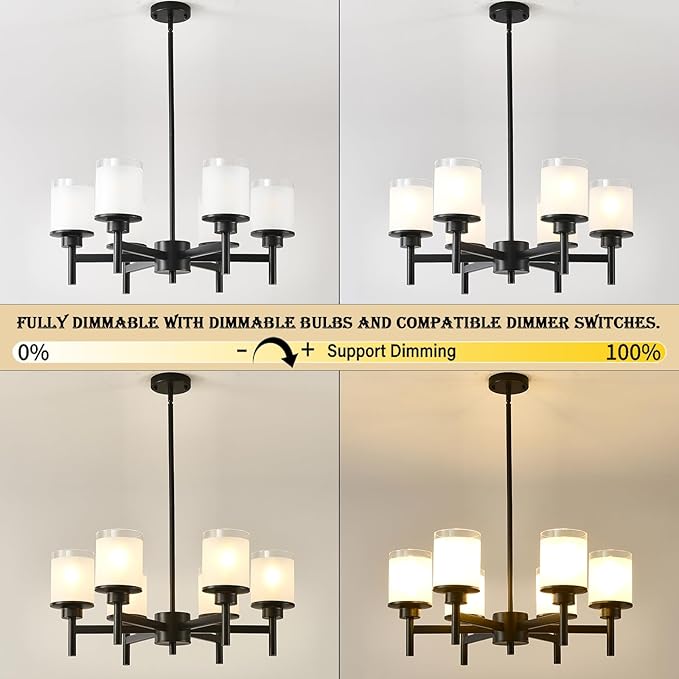 6-Light Black Chandelier for Dining Room Kitchen Island,Modern Farmhouse Pendant Lighting Over Table with Glass Shades,Industrial Metal Hanging Ceiling Light Fixture for Bedroom Hallway