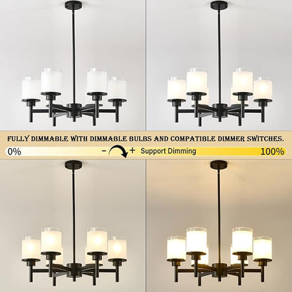 6-Light Black Chandelier for Dining Room Kitchen Island,Modern Farmhouse Pendant Lighting Over Table with Glass Shades,Industrial Metal Hanging Ceiling Light Fixture for Bedroom Hallway
