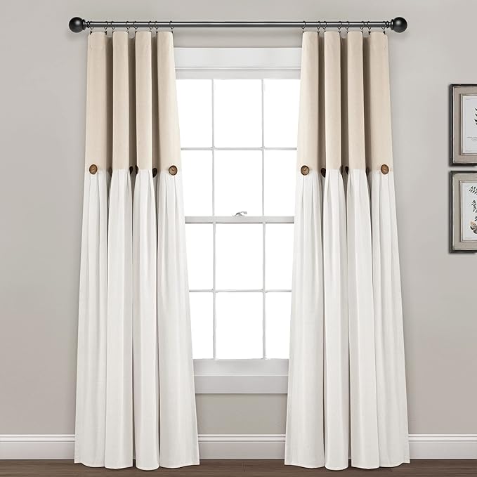 Lush Decor Linen Button Window Curtain Panel, Single, 40" W x 84" L, Linen - Country Curtains - Rustic Decor - Color Block Modern Farmhouse Curtains For Living Room, Bedroom & Dining Room