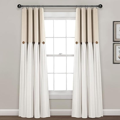 Lush Decor Linen Button Window Curtain Panel, Single, 40" W x 84" L, Linen - Country Curtains - Rustic Decor - Color Block Modern Farmhouse Curtains For Living Room, Bedroom & Dining Room