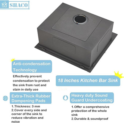 SHACO 18x18 Inch Drop In Black Bar Sink, 18 Inch Gunmetal Black Top Small Mount Kitchen Sink, 304 Stainless Steel 16 Gauge Single Bowl Laundry Prep RV Sink with Strainer Drain