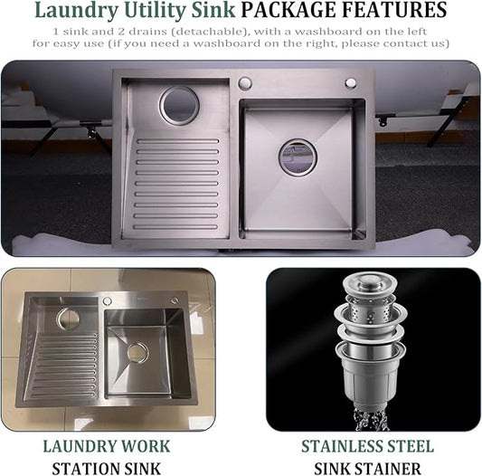 Laundry Utility Sink With Washboard Stainless Steel Kitchen Sink Household Pool Balcony Room Wash Basin Easy Clean Double-Bowl 1000mm/39.3Inch