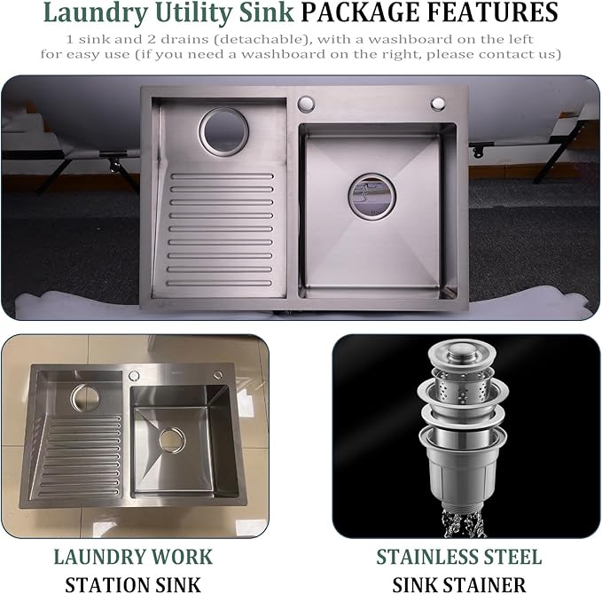Laundry Utility Sink With Washboard Stainless Steel Kitchen Sink Household Pool Balcony Room Wash Basin Easy Clean Double-Bowl 900mm/35.4Inch