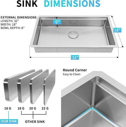 Undermount Kitchen Sink, 16 Gauge SUS304 Stainless Steel All In One Workstation Sink with Ledge & Accessories,32" x 18" x 6" Large Single Bowl ADA-Compliant Kitchen Sinks,6 Inch Deep ADA Sink