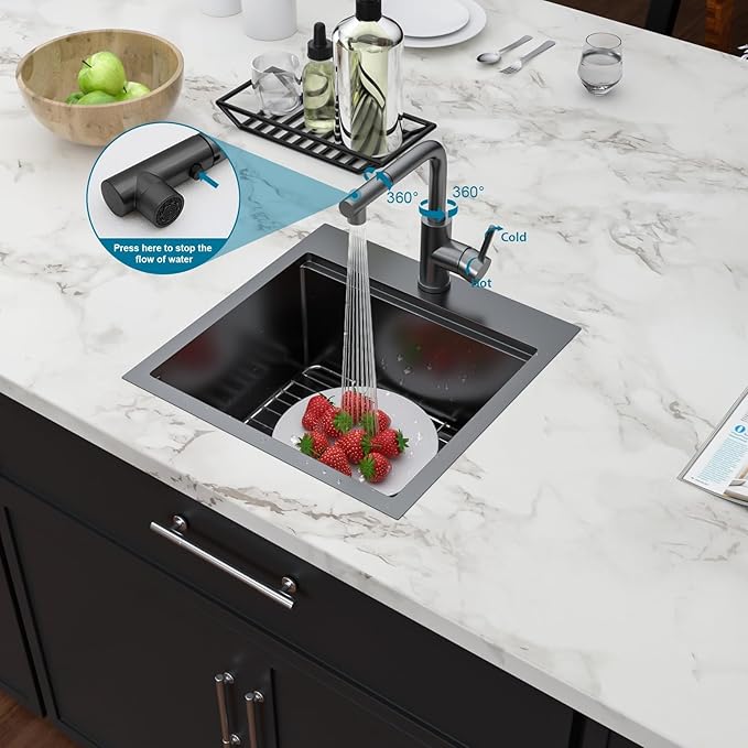 18 Inch Black Drop In Bar Sink Outdoor Kitchen Sink Nano PVD Gunmetal Black Ledge Workstation 16 Gauge Stainless Steel Single Bowl Small Sinks with Pull-out Faucet 18"x18"x9"
