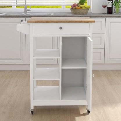 Modern Dining Table Kitchen Island Rolling Trolley Cart with Shelves, Drawer, Doors, Towel Rack & Seasoning Rack - Rubber Wood Table Top for Dining Room,White-MDF